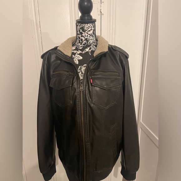 Men's Sherpa Lined Faux Leather Aviator Bomber DARK BROWN SIZE LARGE - Picture 2 of 7